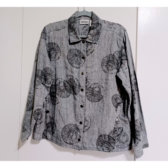 CHICOS Design Gray Black Medallions Snap Front LINEN Long Sleeves Medium Size 1 - Picture 7 of 16